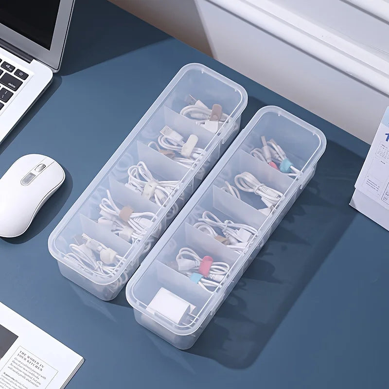 2Pcs Large Cable Management Box with Lid 5 Compartments Durable Plastic Desk Organizer for Home Office Desktop Storage Solution