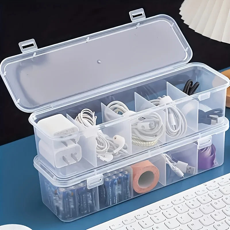 2Pcs Large Cable Management Box with Lid 5 Compartments Durable Plastic Desk Organizer for Home Office Desktop Storage Solution