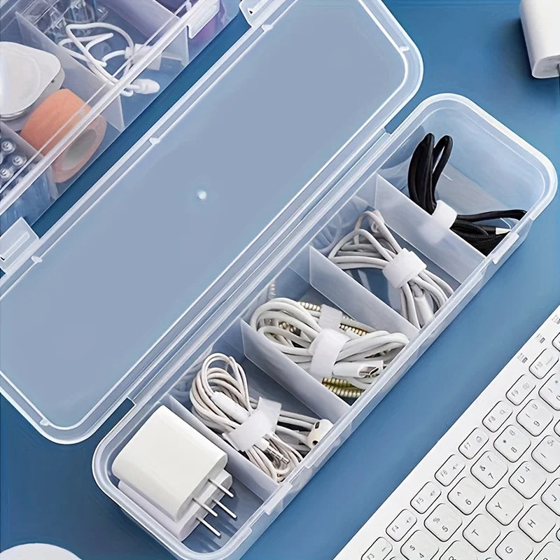 2Pcs Large Cable Management Box with Lid 5 Compartments Durable Plastic Desk Organizer for Home Office Desktop Storage Solution